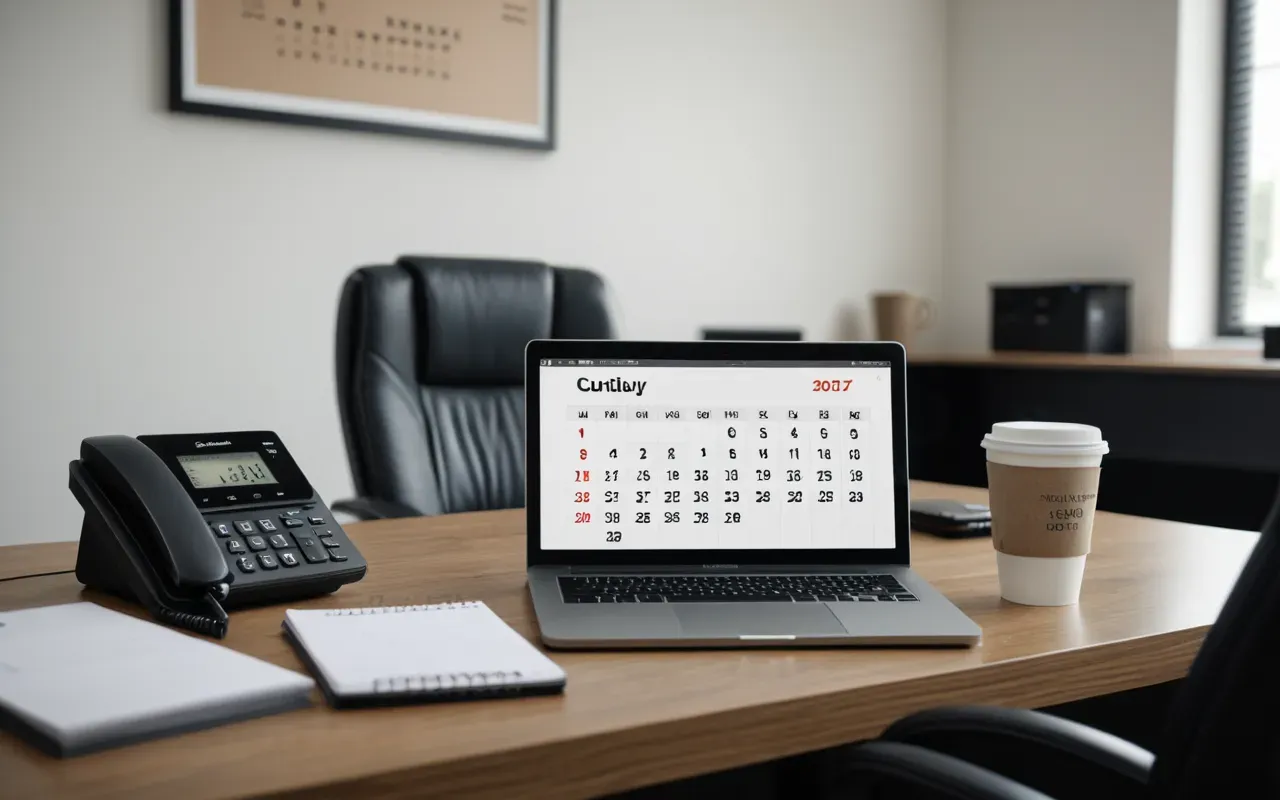 A modern office desk with a calendar and coffee cup where the person is smiling at their phone showing a delayed message