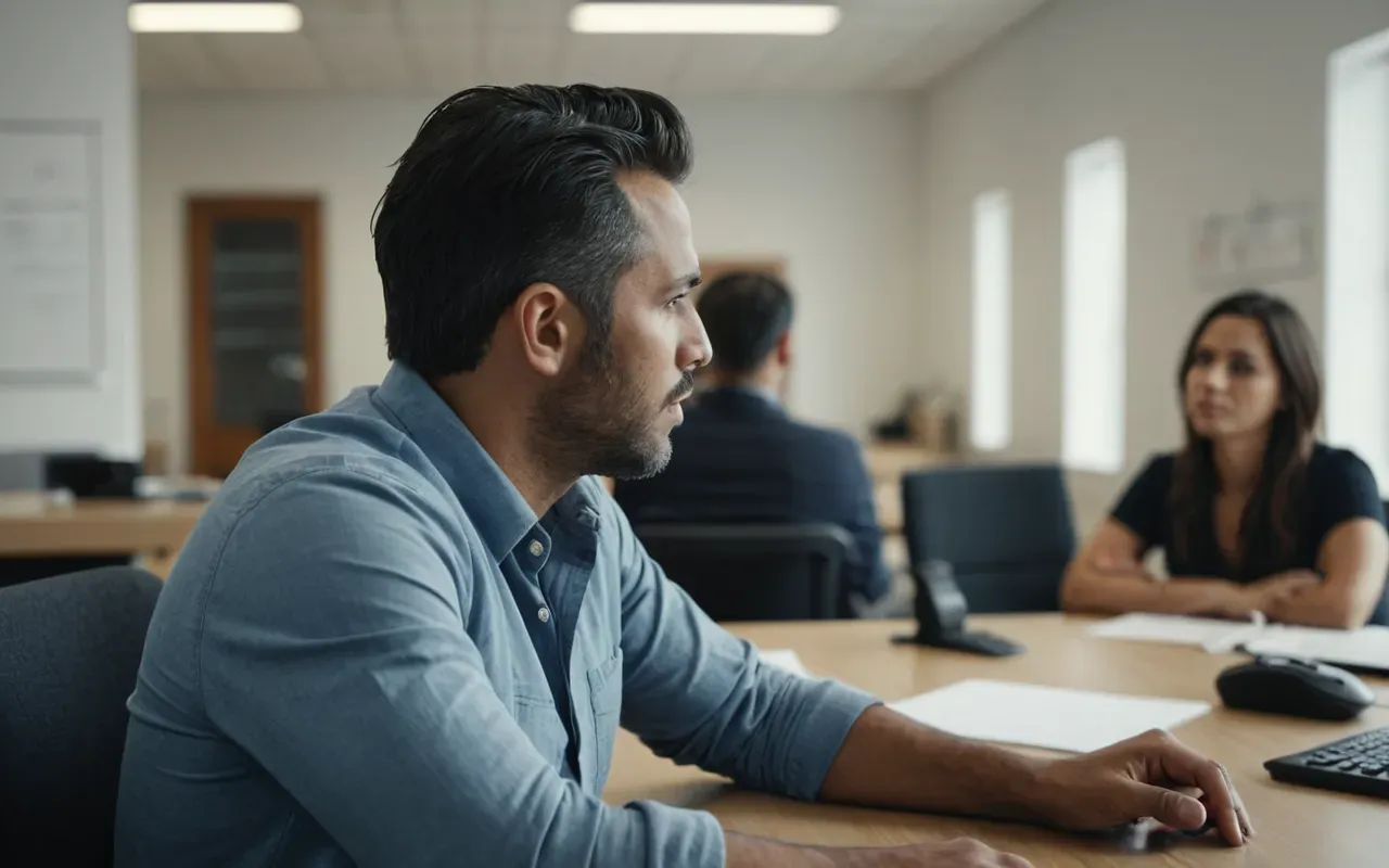 A modern office scene with a person sitting at a desk looking confused while colleagues in the background engage in casual conversation. Soft natural lighting from large windows highlights the neutral professional atmosphere and relaxed body language.
