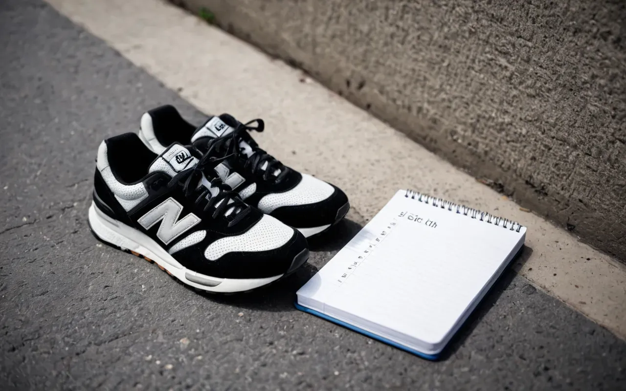 A pair of comfortable walking shoes next to a small notebook on a concrete sidewalk with soft shadows.