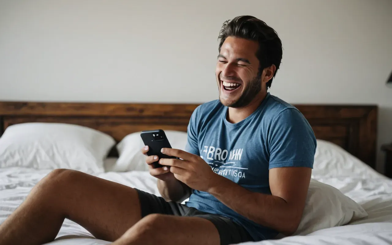 clumsy accidents A person laughing at a cracked phone screen, sitting on a bed, bright daylight, casual clothes, relaxed posture, candid style, no text or signs, realistic lighting