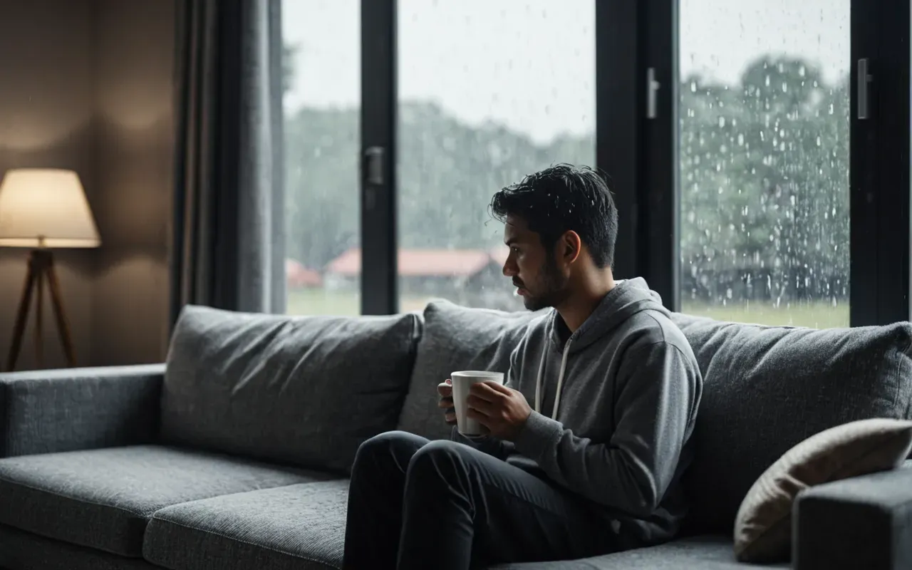 A person sitting alone on a modern grey sofa in a dimly lit living room holding a white coffee cup with both hands looking out a large window at rain falling outside soft natural light mood of quiet introspection and emotional heaviness no text visible