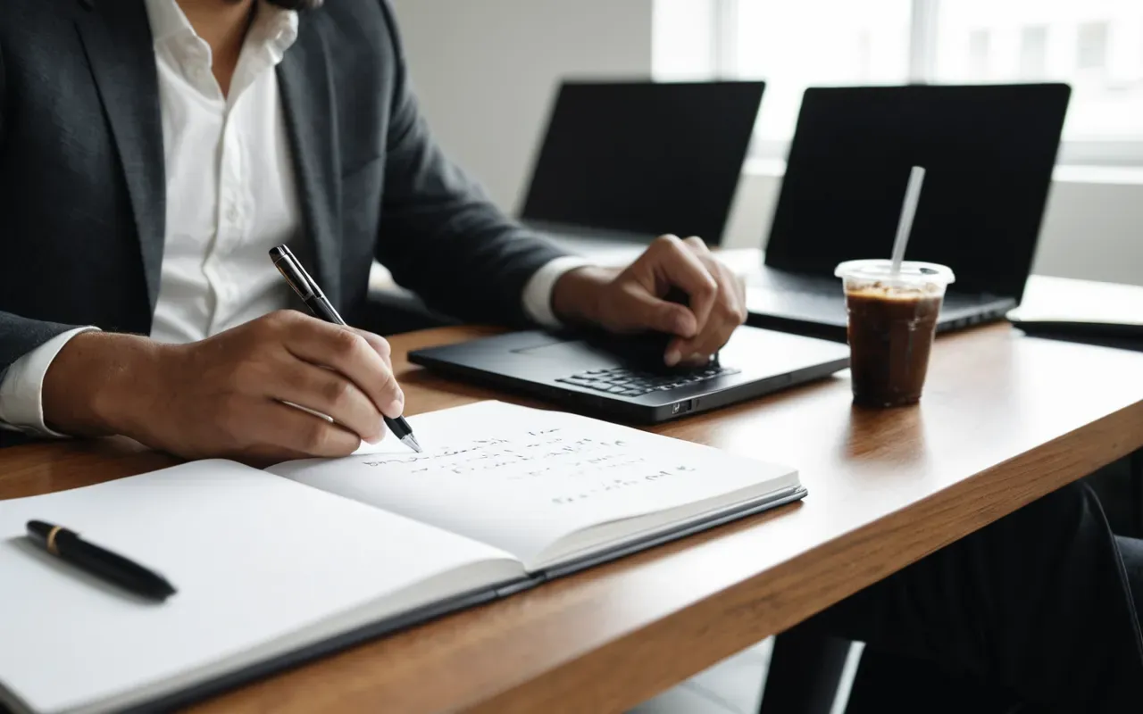 clumsy accidents A person sitting at a desk with a spilled drink on a notebook, a pen rolling off the edge, a laptop open, bright office setting, candid style, no text or signs, realistic lighting