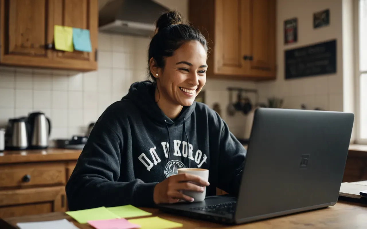 joy in everyday life A person sitting at a kitchen table with a laptop and a messy coffee cup. They are smiling broadly while typing, surrounded by sticky notes and books, capturing a lighthearted work-from-home moment.