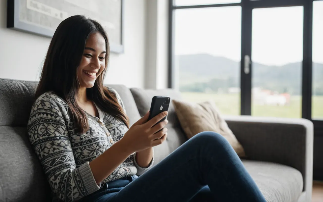 A person smiling while looking at a smartphone held in one hand sitting on a modern sofa with bright natural light coming through a window behind them