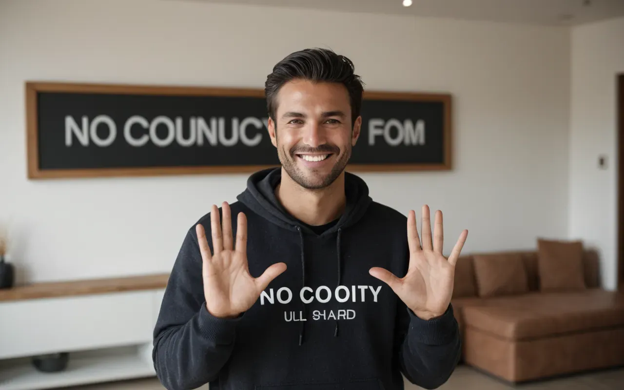 A person standing in a bright modern living room smiling at the camera with their hands relaxed and open in a welcoming gesture