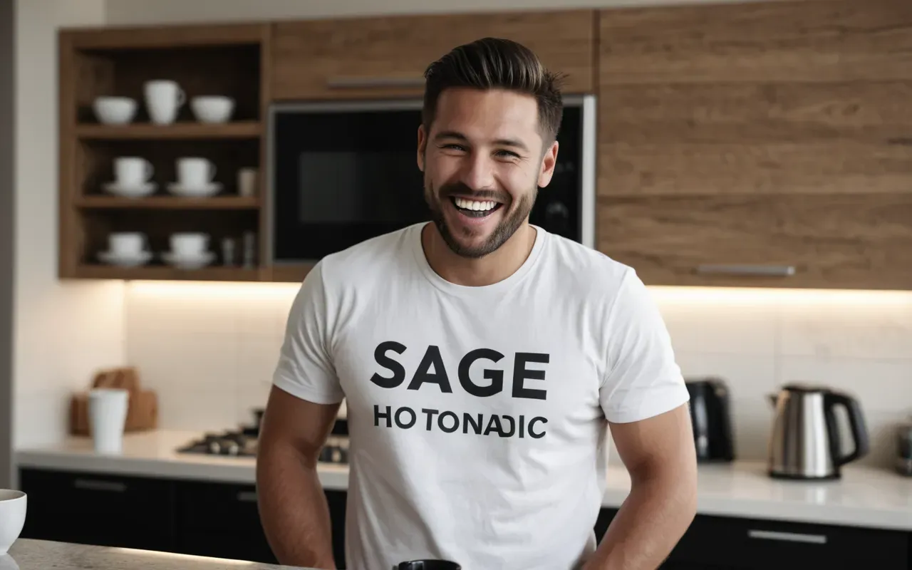 A person standing in a modern kitchen with a spill on their shirt, laughing confidently while holding a coffee cup near the counter