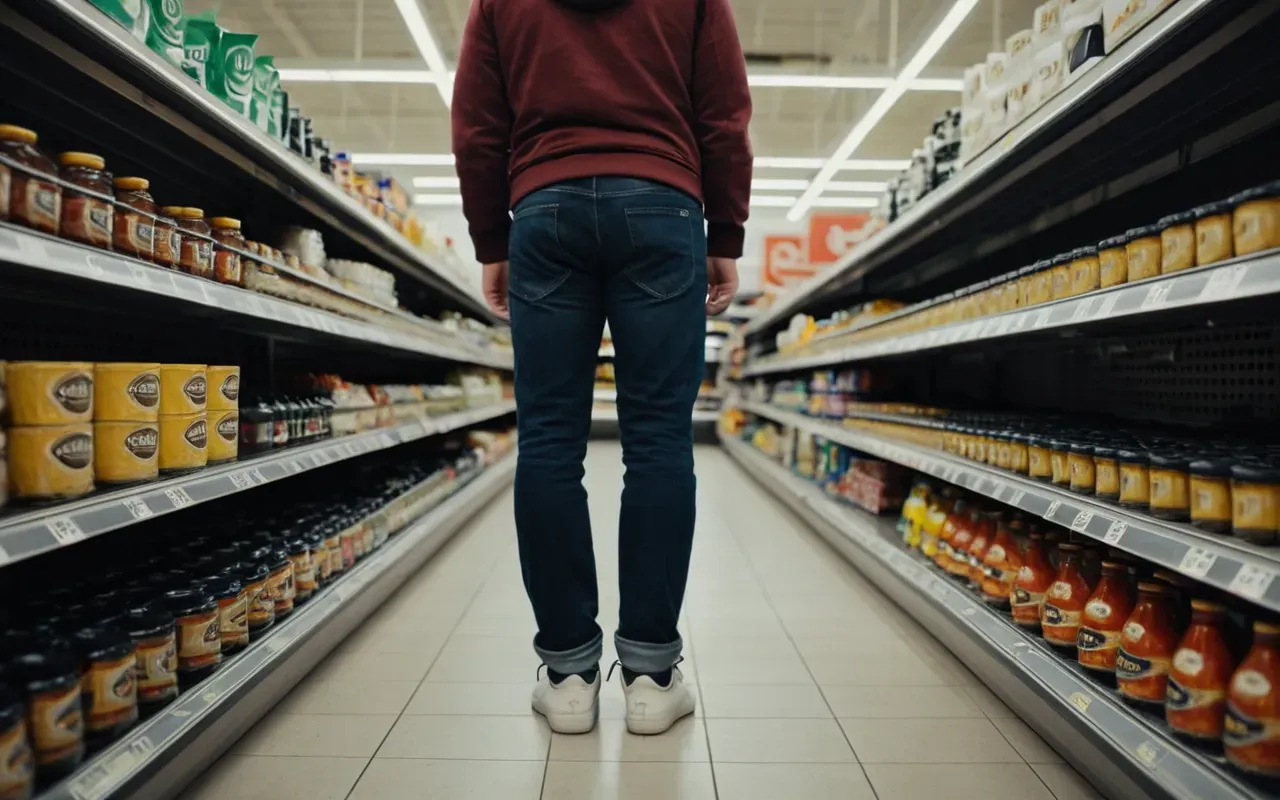 A person standing in the middle of a clean modern grocery store aisle looking down at an untied shoelace with a look of mild surprise and amusement.