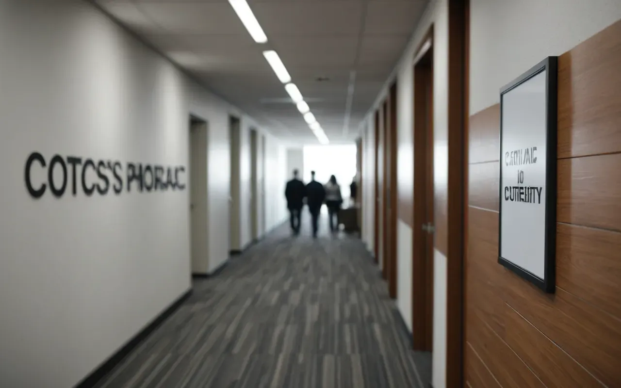 A person walking down a modern office hallway with a slight wobble in their step while colleagues smile softly at them