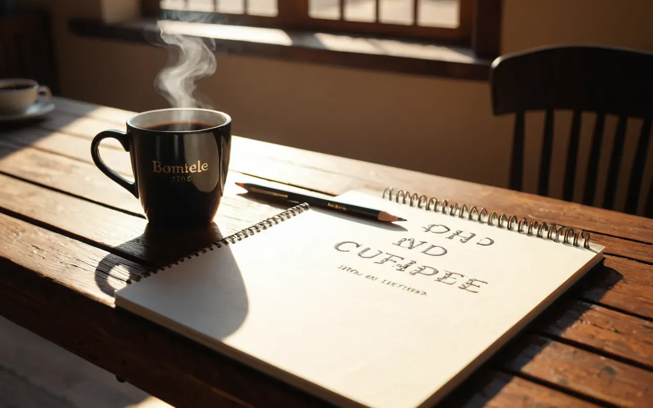 johnathan bigelow art A simple wooden desk with a sketchbook open to blank pages and a pencil resting on top next to a steaming mug of coffee in warm afternoon sunlight creating a cozy creative workspace atmosphere without any visible writing or text.