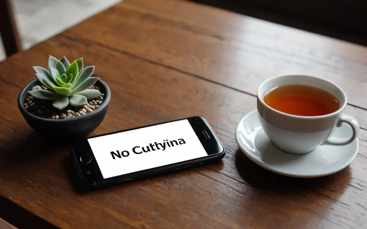 A smartphone face down on a wooden table next to a cup of tea and a small succulent plant.