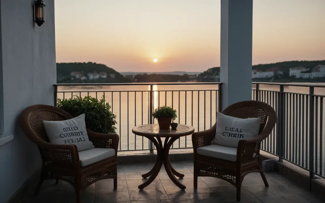 A sunlit balcony overlooking a calm body of water at dusk. Two chairs sit side by side with blankets draped over the backs. A small potted plant sits on the railing, adding a touch of green to the serene twilight atmosphere.
