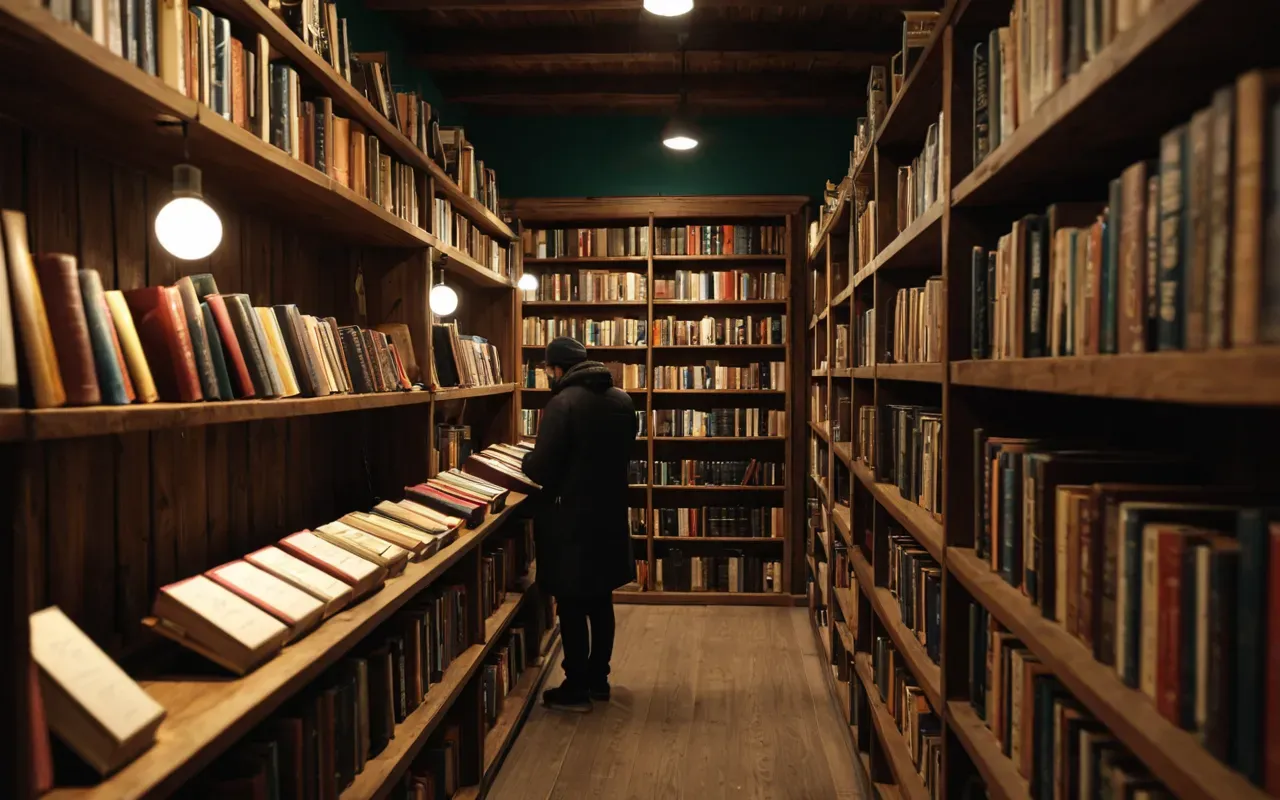 A view of a small cozy bookshop interior with wooden shelves filled with colorful books soft warm lighting from hanging lamps and a person browsing the collection in casual clothing no text visible on any object or surface