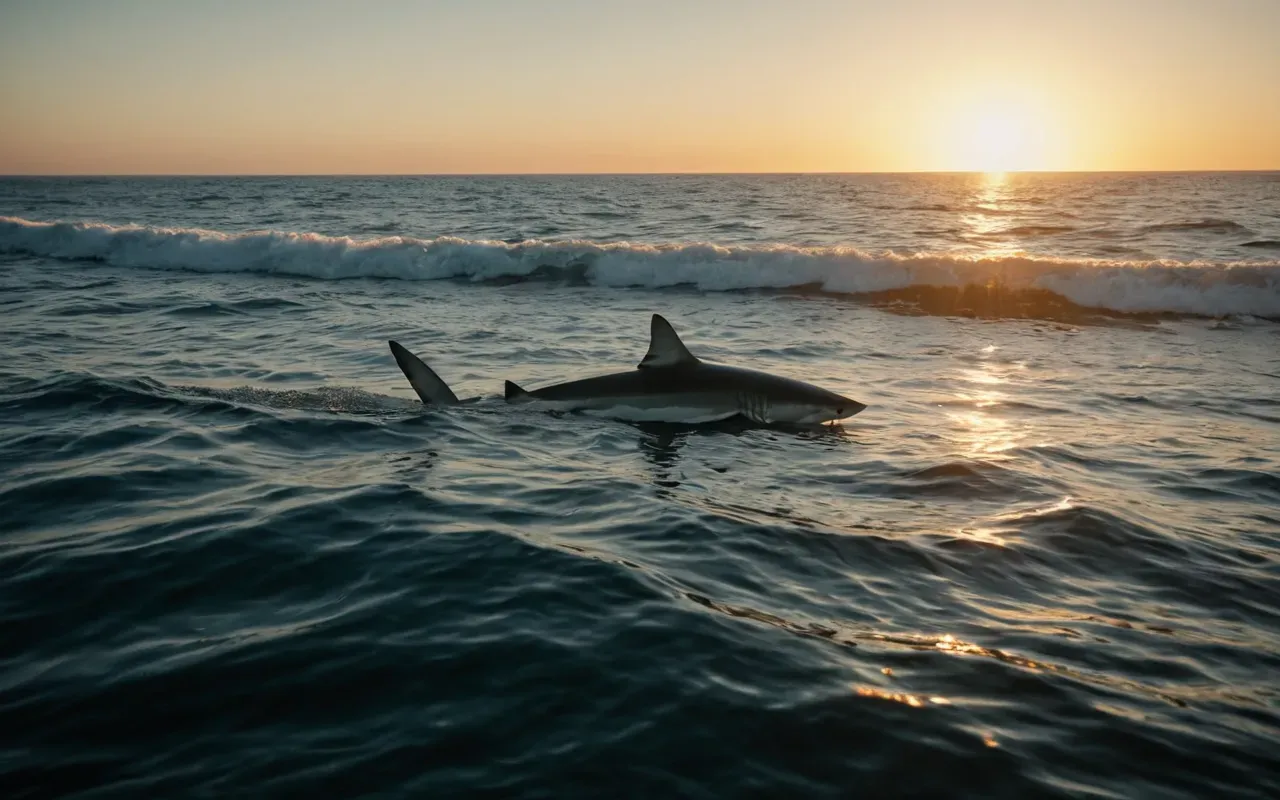 A wide-angle shot of a calm ocean surface at sunset, with the sun reflecting on the water, creating a golden path across the waves, and a single great white shark fin barely breaking the surface in the distance, symbolizing the quiet, patient presence of the predator in a vast, serene natural environment.