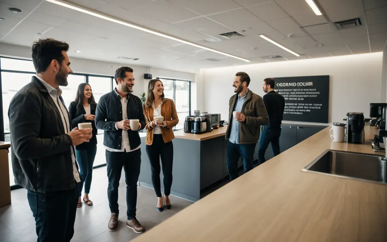 office social interaction A wide angle view of a modern office break room with several people standing around a central counter. They are holding mugs and looking at each other while laughing in a candid moment during the morning rush.