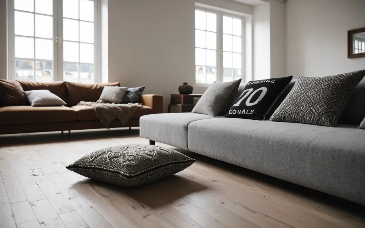 messy anecdotes sharing lifestyle Candid wide shot of a modern minimalist living room with scattered cushions and an empty coffee cup on the floor, soft natural daylight from large windows, editorial photography style showing signs of recent activity without any visible people or text.