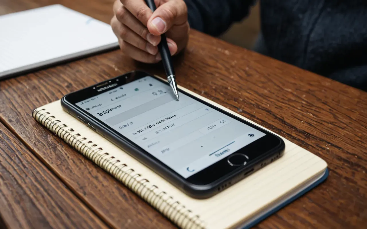 neuroscience blunders memory tech Close-up editorial photograph of a hand holding a smartphone with a cracked screen resting on a clean wooden desk surface next to a notebook and pen, soft diffused lighting highlighting the texture of the wood and glass.