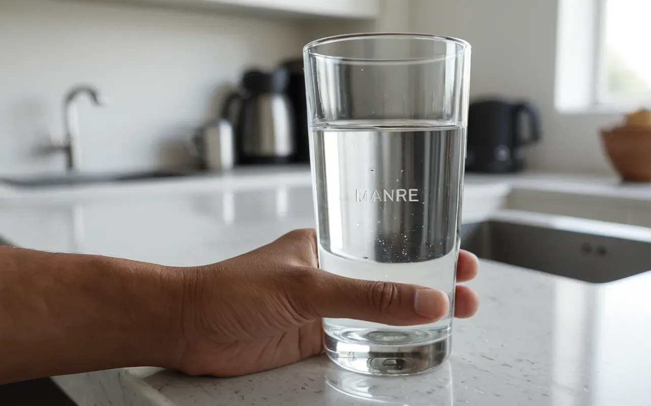 Close-up of a hand holding a clear glass of water against a bright white kitchen counter with soft morning light and minimal background distractions.