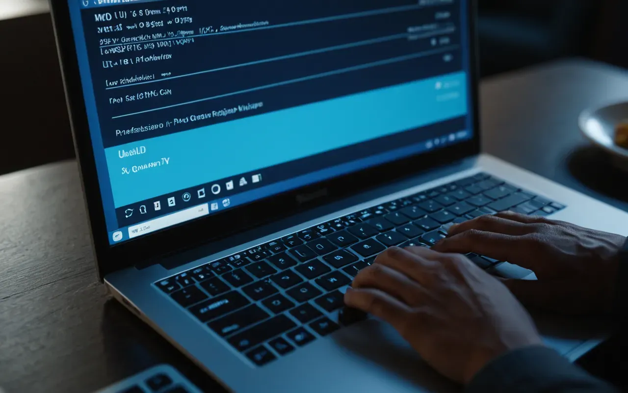 Close-up of a hand typing on a modern laptop keyboard in a dimly lit room with soft blue light from the screen reflecting off the desk surface and a blurred background suggesting late night solitude