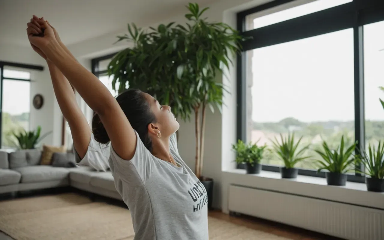 stretching at home Close-up of a person stretching their arms in a bright modern living room with a large window and green plants, soft natural light, candid style