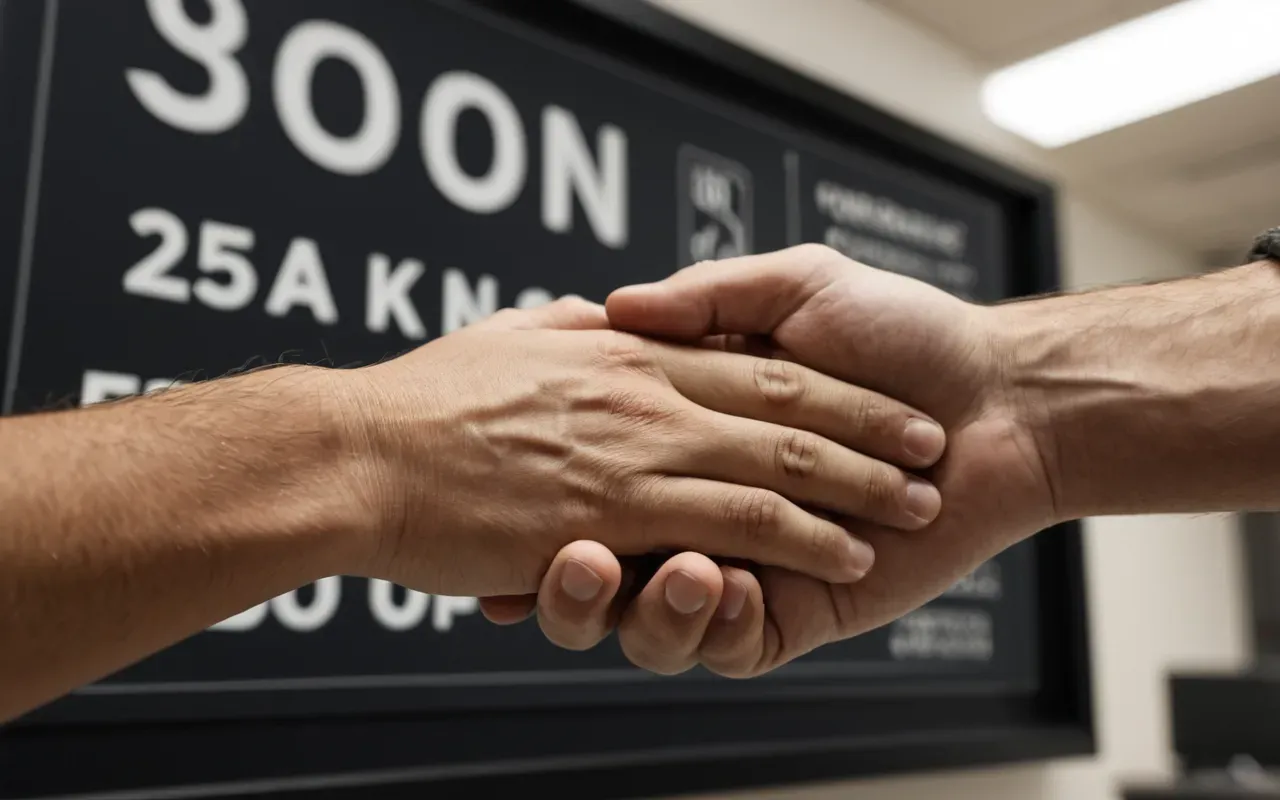 professional handshake scene Close up of two hands shaking in a professional setting with blurred office background and soft warm lighting