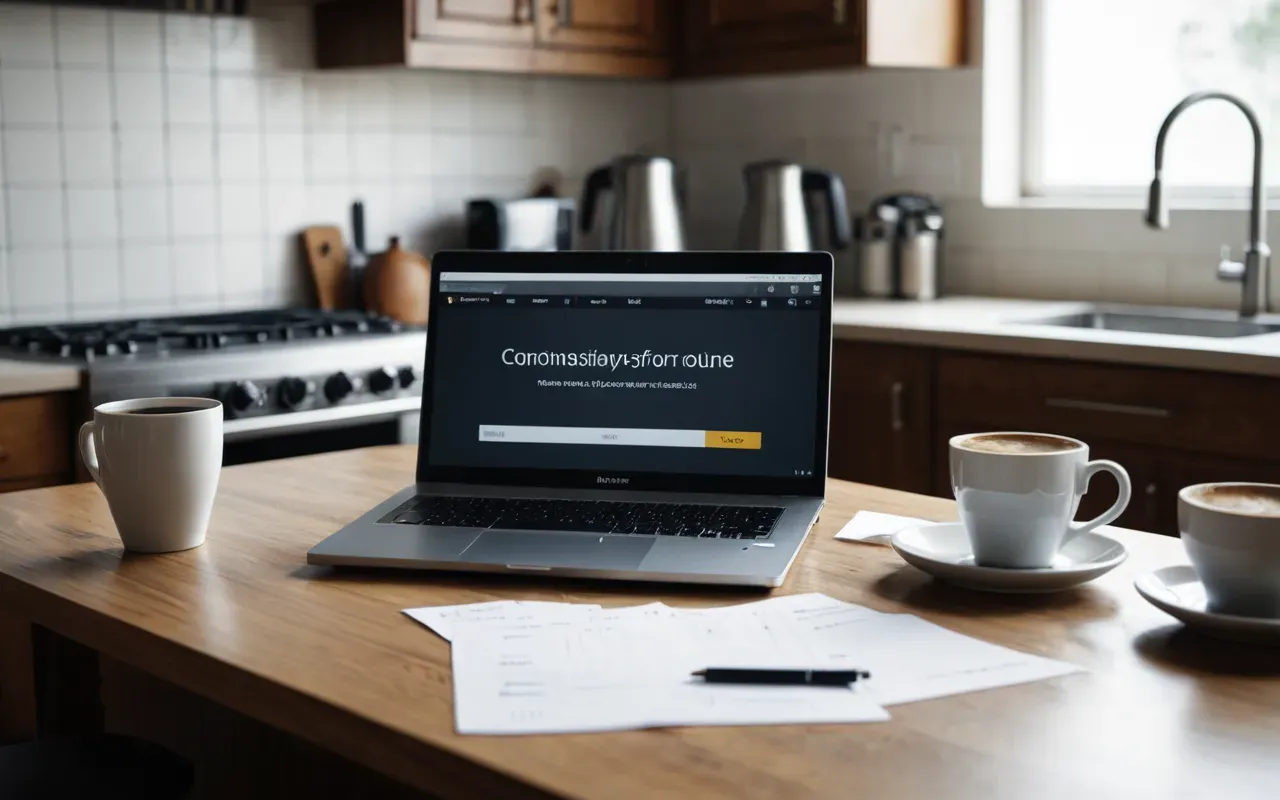 Editorial photograph of a modern kitchen counter with scattered papers and a spilled cup of coffee near a laptop keyboard suggesting a busy chaotic morning routine in soft natural light