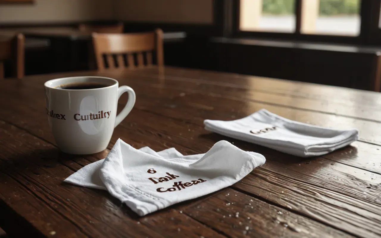 coffee spill scene Editorial still life of a spilled coffee cup and scattered napkins on a wooden table with soft morning light