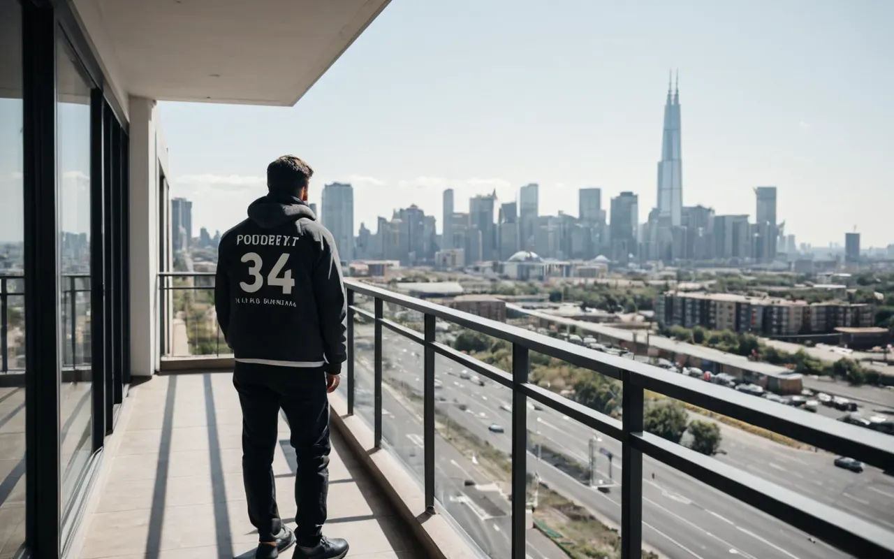 morning sunlight Person standing on a modern balcony looking out at a city skyline during the day, wearing comfortable clothes, relaxed posture, bright daylight