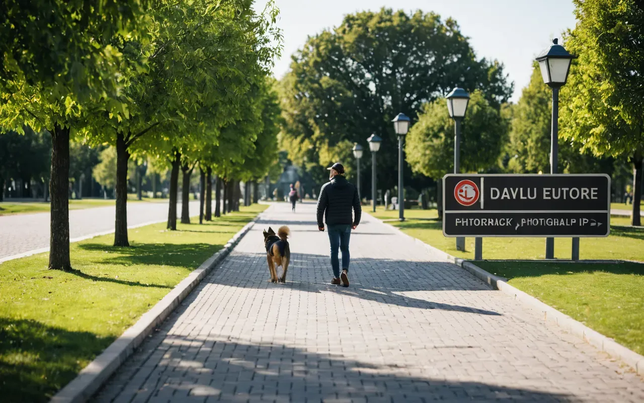 walking outdoors Person walking a dog in a modern park with paved paths and trees, bright sunny day, casual clothing, relaxed and happy expression