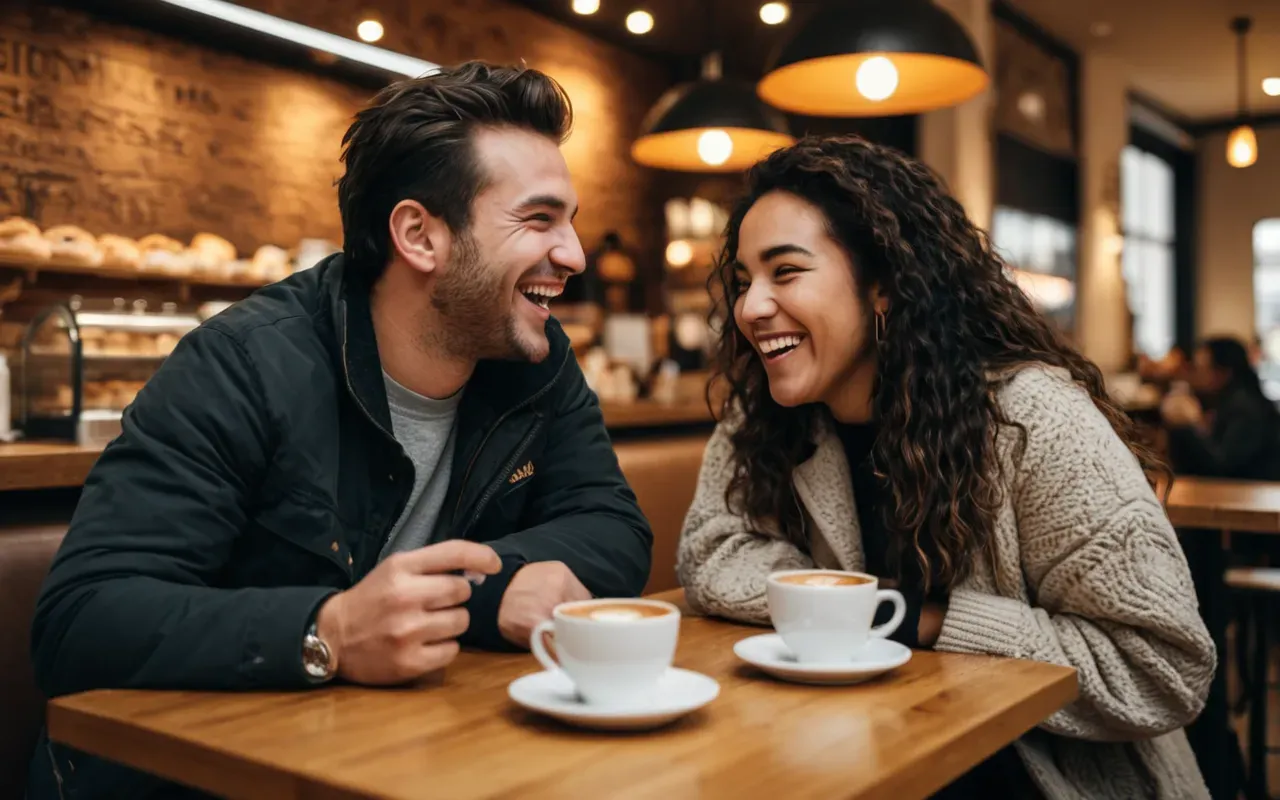 social connection Two friends laughing together at a modern cafe table with coffee cups and pastries, warm ambient lighting, candid and joyful atmosphere
