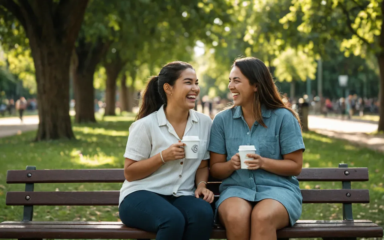 Two friends sitting on a bench laughing together while holding coffee cups in a park setting with green trees and soft afternoon sunlight filtering through leaves around them
