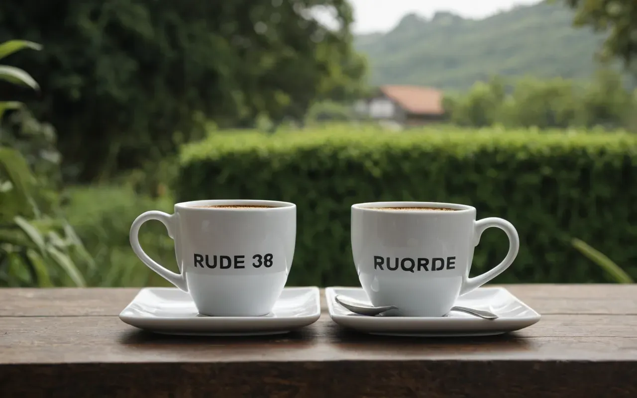 Two mugs of coffee on a small table with soft natural light and blurred greenery in the background.