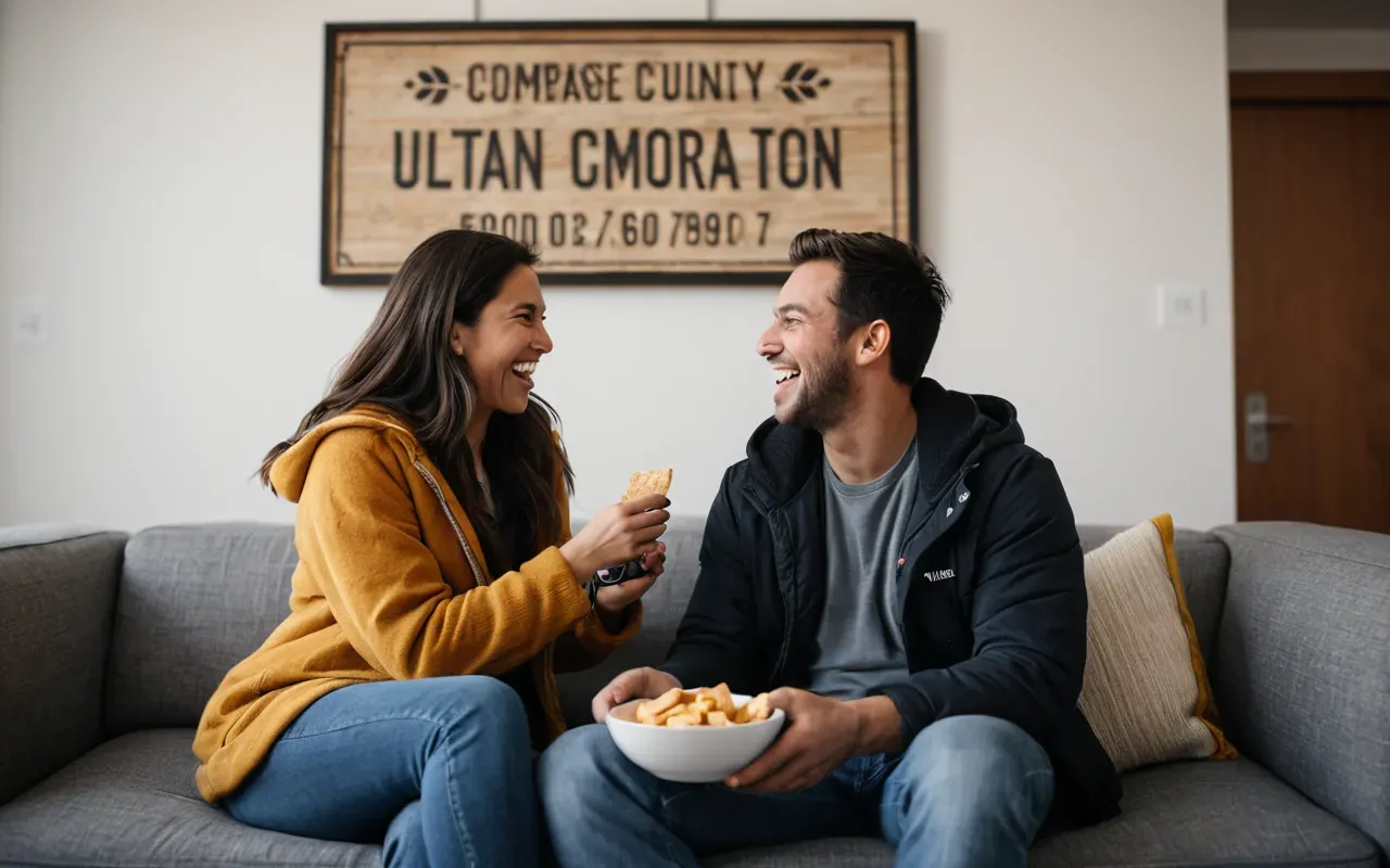 friends laughing together scene Two people sitting on a modern couch sharing snacks and laughing together in a bright cozy living room setting