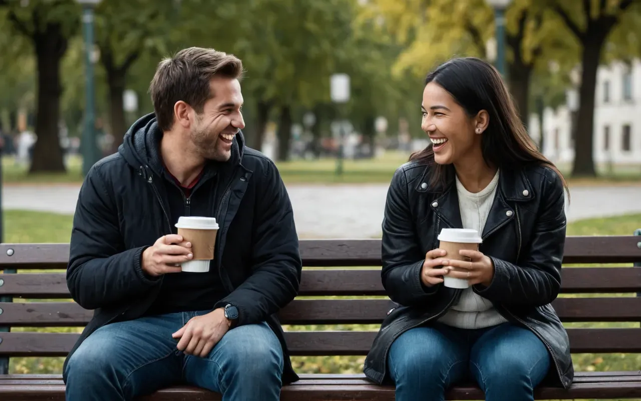 banter technique Two people sitting on a park bench facing each other with animated expressions. They are laughing heartily while holding coffee cups, capturing the energy of lively conversation in a sunny outdoor setting.