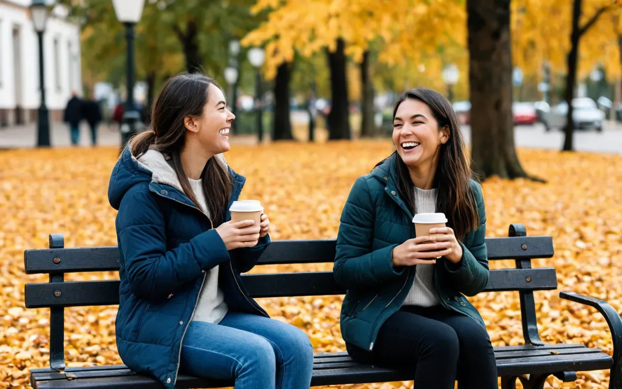 Two people sitting on a park bench laughing heartily while holding coffee cups, surrounded by autumn leaves falling gently around them, bright natural daylight highlighting their relaxed and joyful expressions in an urban setting.