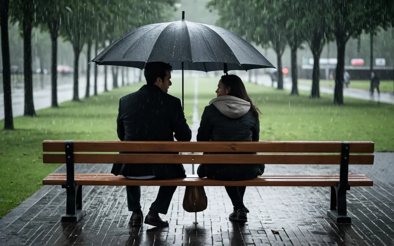 Two people sitting on opposite ends of a long wooden bench in a modern park holding umbrellas during light rain their shoulders touching slightly but not embracing soft overcast sky background with blurred green trees and grey pavement no text visible