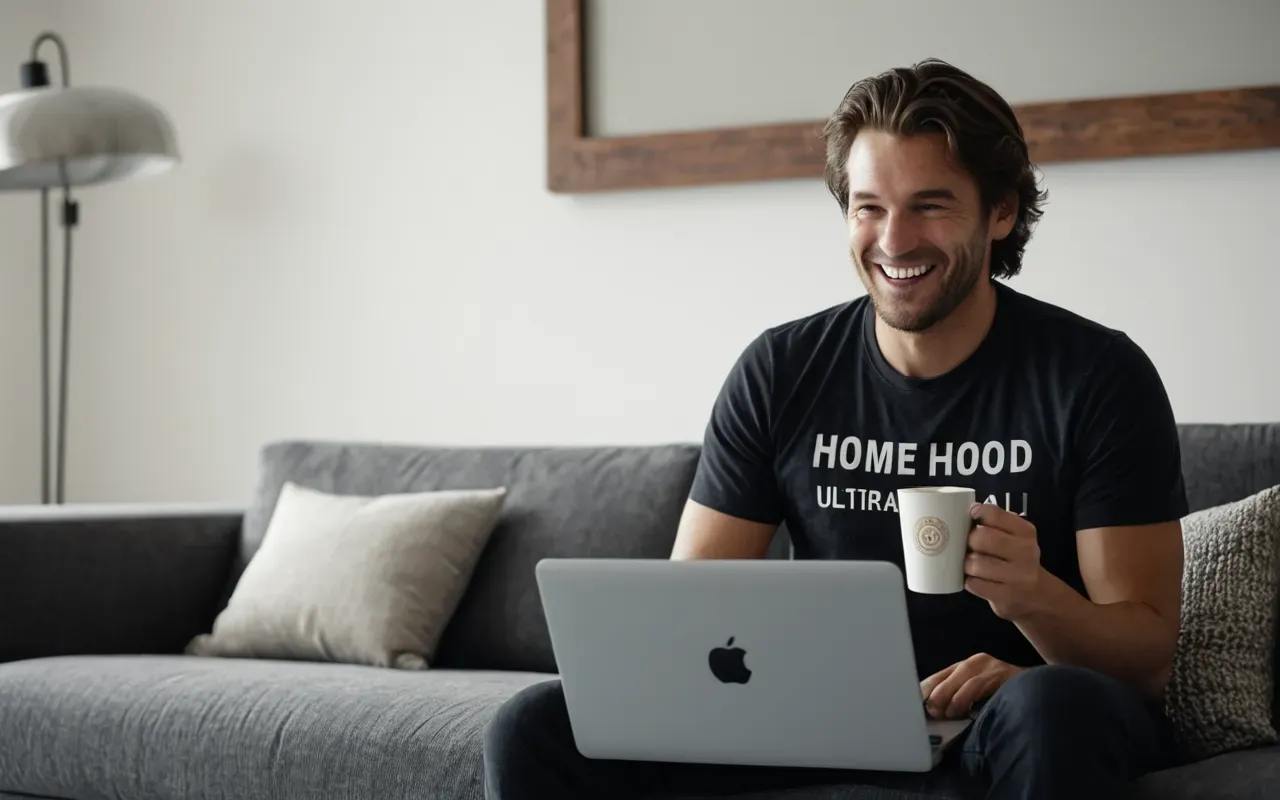 Wide shot of a modern minimalist living room with a person sitting on the sofa holding a cup of coffee looking at their laptop screen with an expression of amused surprise and soft natural light from large windows