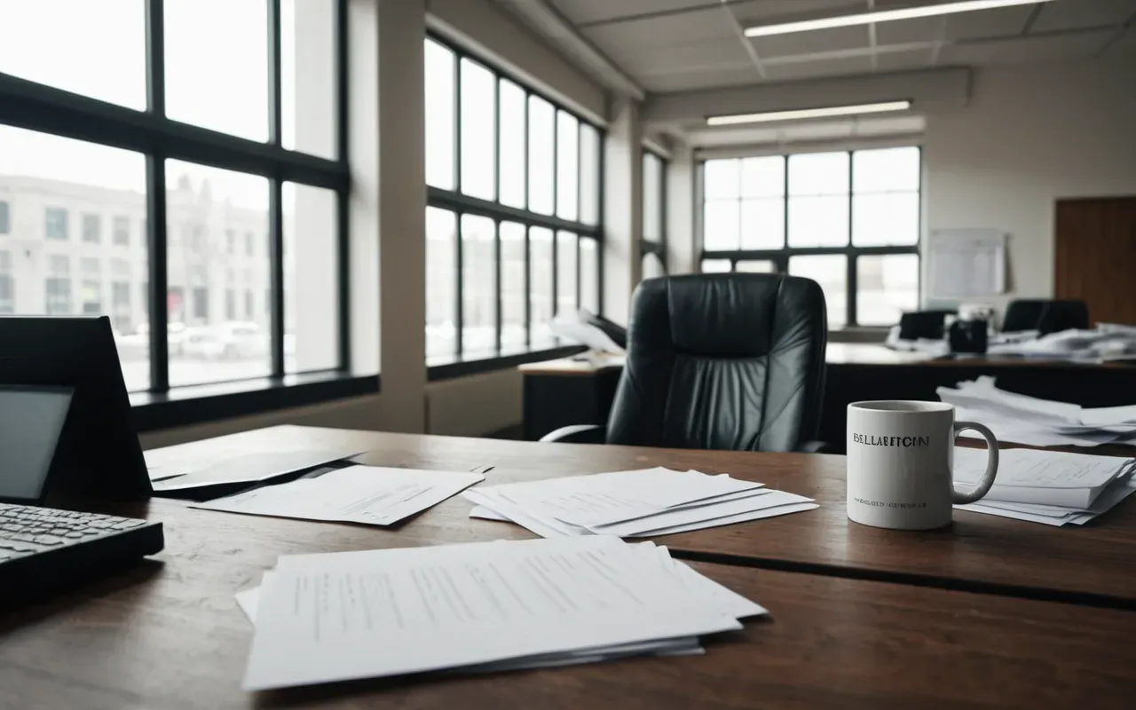 messy office scene Wide shot of a modern office space with scattered papers on a desk and an overturned mug, soft natural light from large windows, editorial style